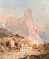 Figures in a Village in The Dolomites by Franz Richard Unterberger