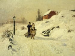 A Horse Drawn Sleigh In A Winter Landscape by Fritz Thaulow