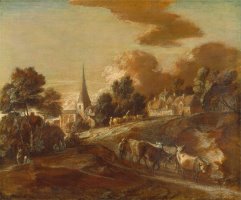 An Imaginary Wooded Village with Drovers And Cattle by Gainsborough, Thomas