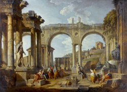 A Capriccio of Roman Ruins with The Arch of Constantine by Giovanni Paolo Panini
