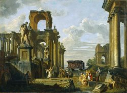 An Architectural Capriccio of The Roman Forum with Philosophers And Soldiers Among Ancient Ruins, In... by Giovanni Paolo Panini