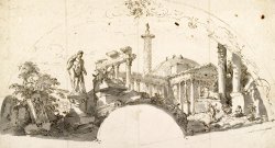 Design for a Fan Capriccio with Roman Ruins And The Farnese Hercules by Giovanni Paolo Panini