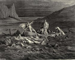 The Inferno, Canto 8, Lines 2729 Soon As Both Embark’d, Cutting The Waves, Goes on The Ancient Prow, More Deeply Than with Others It Is Wont. by Gustave Dore