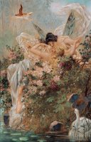 Two Fairies Embracing in a Landscape with a Swan Circa by Hans Zatzka