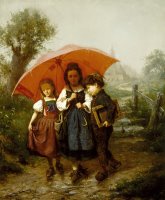Children Under a Red Umbrella by Henry Mosler