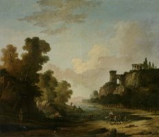 Figures on The Banks of a Lake with Classical Ruins by Hubert Robert