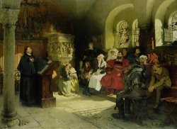 Luther Preaches using his Bible Translation while Imprisoned at Wartburg by Hugo Vogel