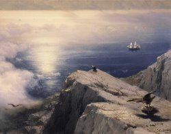 A Rocky Coastal Landscape in The Aegean with Ships in The Distance Detail by Ivan Constantinovich Aivazovsky