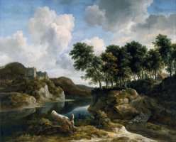 River Landscape with a Castle on a High Cliff by Jacob Isaacksz. Van Ruisdael