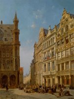 Many Figures at an Auction on The Grande Place in Brussels by Jacques Carabain