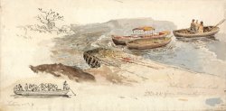 A Canopied Boat And Two Rowing Boats at a Jetty; Inset Left, a Pencil Study of The Tintern Livestock by James Ward