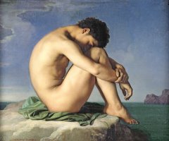 Naked Young Man Sitting by The Sea by Jean Hippolyte Flandrin