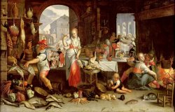 Kitchen Scene with The Parable of The Feast by Joachim Anthonisz Wtewael