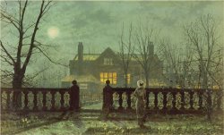 Garden in The Evening with View of an Illuminated House by John Atkinson Grimshaw