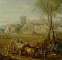 Haycart Passing a Ruined Abbey by John Wootton