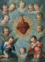 Sacred Heart of Jesus surrounded by angels by Jose de Paez