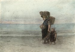 Vrouw Met Kind, Lopend Over Het Strand by Jozef Israels