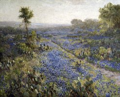 Field of Texas Bluebonnets And Prickly Pear Cacti by Julian Onderdonk