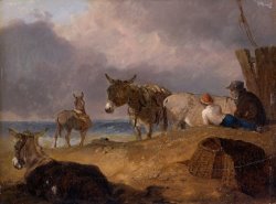 Donkeys And Figures on a Beach by Julius Caesar Ibbetson