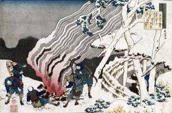 Hunters by a Fire in The Snow by Katsushika Hokusai