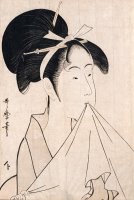 A Bust Portrait of Okita of The Naniwaya Holding a Hand Towel in Her Teeth And Stretching The Cloth by Kitagawa Utamaro