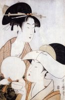 Bust Portrait of Two Women, One Holding a Fan, The Other with a Head Cover Holding a Tea Cup by Kitagawa Utamaro
