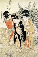 Three girls paddling in a river by Kitagawa Utamaro