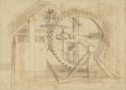 War Machine Composed Of Big Wheel With 44 Steps Set In Motion By Weight Of Ten Men And By Soldier by Leonardo da Vinci