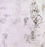 Sketches of Male Nudes a Madonna And Child And a Decorative Emblem by Michelangelo Buonarroti