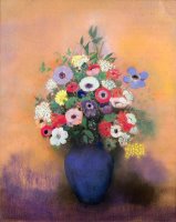 Anemones And Lilac In A Blue Vase by Odilon Redon