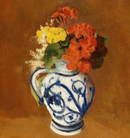 Geraniums And Other Flowers In A Stoneware Vase by Odilon Redon