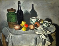 Still Life Pots Bottle Cup And Fruit Circa 1871 by Paul Cezanne