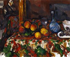 Still Life with Peaches Carafe And Figures Circa 1900 by Paul Cezanne