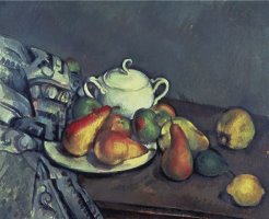 Still Life with Sugar Can Pears And Tablecloth by Paul Cezanne
