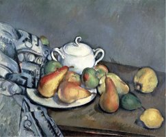 Sugar Bowl Pears And Carpet by Paul Cezanne