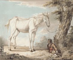 An Old Grey Horse Tethered To A Tree A Boy Resting Nearby by Paul Sandby