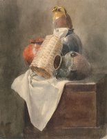 Still Life Pots, Basket And Cloth on a Chest by Peter de Wint