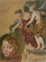 Studieblad Met Maria Dei Medici's Gelukkige Regering, Een Jongenskopje En Twee Manskoppen. by Peter Paul Rubens