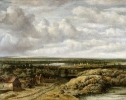 Distant View with Cottages Along a Road by Philips Koninck