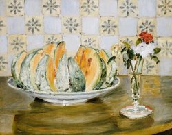 Still Life Of A Melon And A Vase Of Flowers by Pierre Auguste Renoir