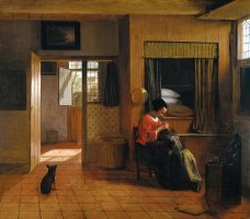 Binnenkamer Met Een Moeder Die Het Haar Van Haar Kind Reinigt, Bekend Als 'moedertaak' by Pieter de Hooch