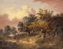 Wooded Landscape with Woman And Child Walking Down a Road by Robert Ladbrooke