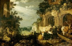 Landscape with Ruins, Cattle And Deer by Roelant Savery