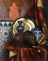 A Tambourine, Knife, Moroccan Tile And Plate on Satin Covered Table by Rudolf Ernst