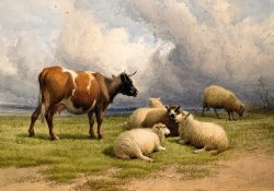 A Cow And Five Sheep by Thomas Sidney Cooper
