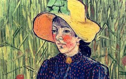Young Peasant Girl In A Straw Hat Sitting In Front Of A Wheatfield by Vincent van Gogh