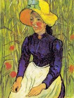 Young Peasant Woman with Straw Hat Sitting in Front of a Wheat Field by Vincent van Gogh