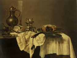 A Blackberry Pie, an Upturned Cup, Salt Cellar, Wine Ewer, Roemer Knife, Tablecloth Draped Peweter Plates by Willem Claesz Heda