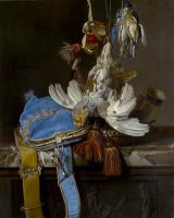 Hunt Still Life with a Velvet Bag on a Marble Ledge by Willem Van Aelst