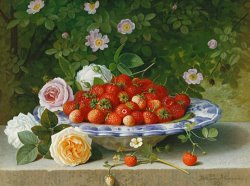Strawberries In A Blue And White Buckelteller With Roses And Sweet Briar On A Ledge by William Hammer